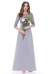 A-line/Princess 3/4 Sleeves V-back Lace Chiffon Long Bridesmaid Dresses
