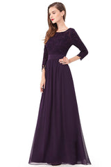 A-line/Princess 3/4 Sleeves V-back Lace Chiffon Long Bridesmaid Dresses
