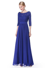 A-line/Princess 3/4 Sleeves V-back Lace Chiffon Long Bridesmaid Dresses