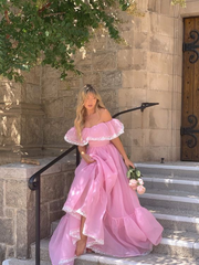 Pink Tulle Off The Shoulder Lace  Long Prom Dress，Elegant Evening Dress SH716