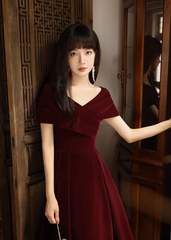 Simple V Neck Velvet Burgundy Long Prom Dress, Burgundy Long Formal Dress