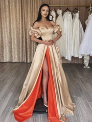 A-Line Satin Champagne/Orange Long Prom Dress, Champagne Long Evening Dress