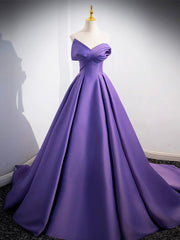 A-Line off Shoulder Satin Purple Long Prom Dress, Purple Long Evening Dress