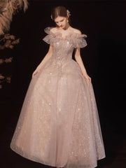 A-Line Pink Off Shoulder Tulle Sequin Long Prom Dress, Pink Long Formal Dress