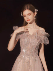 A-Line Pink Off Shoulder Tulle Sequin Long Prom Dress, Pink Long Formal Dress