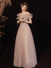 A-Line Pink Off Shoulder Tulle Sequin Long Prom Dress, Pink Long Formal Dress