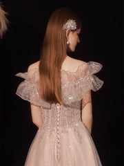 A-Line Pink Off Shoulder Tulle Sequin Long Prom Dress, Pink Long Formal Dress