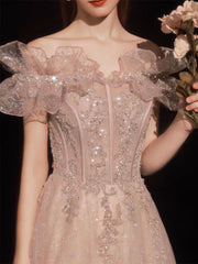A-Line Pink Off Shoulder Tulle Sequin Long Prom Dress, Pink Long Formal Dress