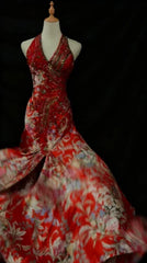 Elegant Floral V-neck Mermaid Evening Gown Beaded Halter-neck Party Dress Long Formal Dress HZ1024