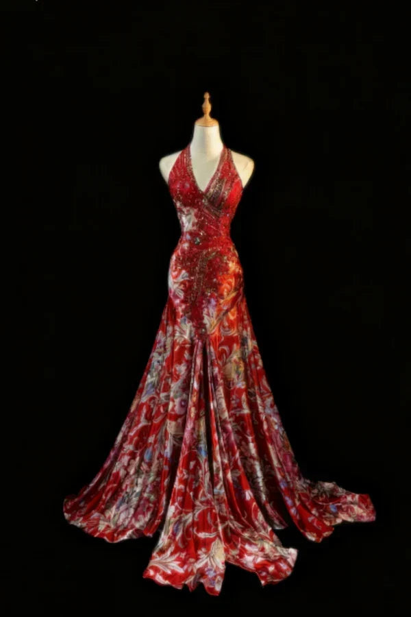 Elegant Floral V-neck Mermaid Evening Gown Beaded Halter-neck Party Dress Long Formal Dress HZ1024