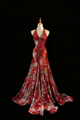 Elegant Floral V-neck Mermaid Evening Gown Beaded Halter-neck Party Dress Long Formal Dress HZ1024