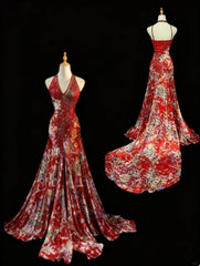 Elegant Floral V-neck Mermaid Evening Gown Beaded Halter-neck Party Dress Long Formal Dress HZ1024
