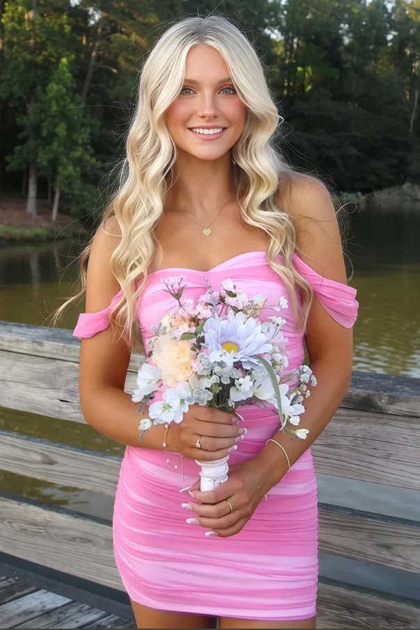 Pink Off-Shoulder Sweetheart Pleats Tight Party Homecoming Dress