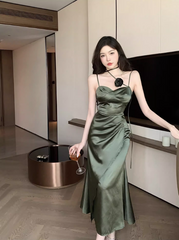 Simple Floral Design Elegant Green A-Line Slim Long Spaghetti Strap Dress HZ1024