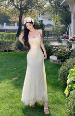 Vintage Fashion Floral Mesh Design Elegant Beach Holiday Mermaid A-line Spaghetti Strap Dress HZ1024