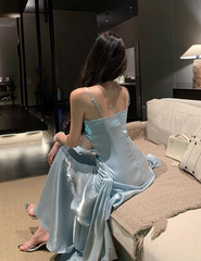 Vintage Blue Sweetheart Spaghetti Strap Mermaid Ruffled Hem Design Sexy Prom Dress Evening Dress HZ1024