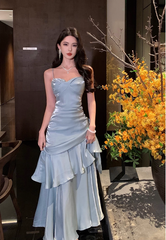 Vintage Blue Sweetheart Spaghetti Strap Mermaid Ruffled Hem Design Sexy Prom Dress Evening Dress HZ1024