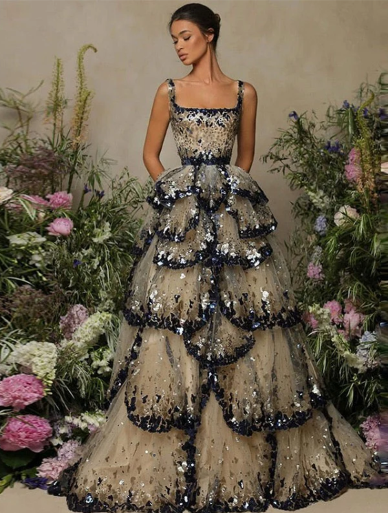 Gorgeous Shiny Sequin A-Line Long Tiered Prom Dress Evening Dress HZ1024