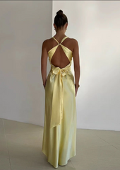 Vintage Satin V-neck Prom Dress Long Evening Dress Sheath Backless Formal Dress HZ1024