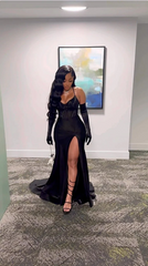Elegant Black Sequin Prom Dress Sheath Evening Gown Long Party Dress High Slit Formal Dress HZ1024
