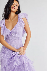 Elegant Lilac V-neck Prom Dress Lace Sheath Evening Gown Long Party Dress Tiered Formal Dress HZ1024