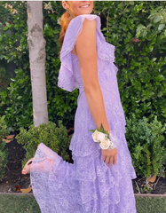 Elegant Lilac V-neck Prom Dress Lace Sheath Evening Gown Long Party Dress Tiered Formal Dress HZ1024