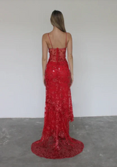 Elegant Red Lace Prom Dress Sequin Sheath Evening Gown Long Party Dress Spaghetti Strap Formal Dress HZ1024