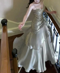 Elegant Gray Satin Prom Dress Mermaid Evening Gown Long Party Dress Spaghetti Strap Formal Dress HZ1024