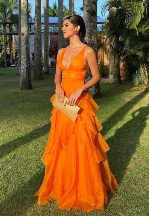 Elegant Orange V-neck Prom Dress A-Line Ruffles Evening Gown Chiffon Party Dress Wedding Guest Dress Long Formal Dress HZ1024