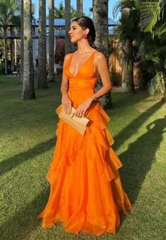 Elegant Orange V-neck Prom Dress A-Line Ruffles Evening Gown Chiffon Party Dress Wedding Guest Dress Long Formal Dress HZ1024
