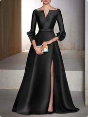 Elegant Satin Long-sleeve Prom Dress A-Line Evening Gown High Slit Party Dress Long Formal Dress HZ1024