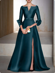 Elegant Satin Long-sleeve Prom Dress A-Line Evening Gown High Slit Party Dress Long Formal Dress HZ1024