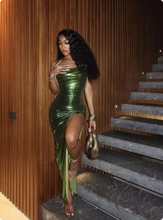 Elegant Green Spaghetti Strap Prom Dress Sheath Evening Gown High Slit Party Dress Long Formal Dress HZ1024