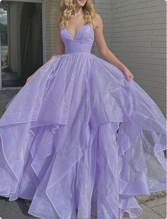 Vintage Lilac Glittering Tiered Spaghetti Strap Sweet 16 Quinceanera A-Line Floor-length Prom Dress Birthday Dress Evening Dress Ball Gown HZ1024
