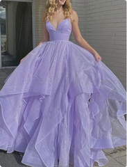 Vintage Lilac Glittering Tiered Spaghetti Strap Sweet 16 Quinceanera A-Line Floor-length Prom Dress Birthday Dress Evening Dress Ball Gown HZ1024