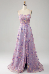 Elegant Floral Spaghetti Strap Prom Dress A-Line Applique Evening Gown High Slit Party Dress Long Formal Dress HZ1024