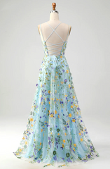 Elegant Floral Spaghetti Strap Prom Dress A-Line Applique Evening Gown High Slit Party Dress Long Formal Dress HZ1024