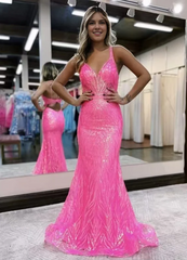 Elegant Sparkling Hot Pink Prom Dress V-neck Mermaid Evening Gown Party Dress Long Formal Dress HZ1024