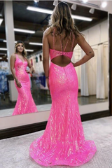 Elegant Sparkling Hot Pink Prom Dress V-neck Mermaid Evening Gown Party Dress Long Formal Dress HZ1024