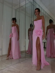 Elegant Pink Strapless Prom Dress Sheath 3D Flower Evening Gown Chiffon High Slit Party Dress Long Formal Dress HZ1024