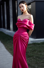 Elegant Hot Pink Off-the-shoulder Prom Dress Satin Evening Gown Mermaid Party Dress Trailing Long Formal Dress HZ1024