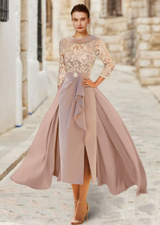 Elegant A-Line Scoop Neck Mother of Bride Dress Ruffled Ruching Evening Gown Satin Ankle Length Formal Dress HZ1024