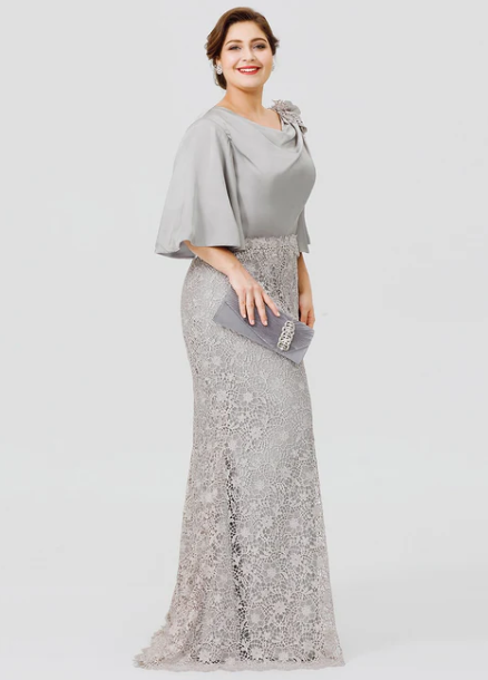 Elegant Lace Half Sleeve Cowl Neck Mother of Bride Dress Sheath Evening Gown Long Formal Dress HZ1024