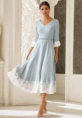 Elegant Appliqued Half Sleeve Mother of Bride Dress A-Line Evening Gown Tea Length Formal Dress HZ1024