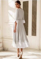 Elegant Appliqued Half Sleeve Mother of Bride Dress A-Line Evening Gown Tea Length Formal Dress HZ1024