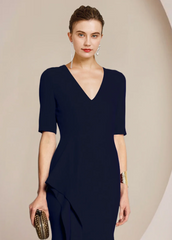 Elegant Navy Blue Sheath V-neck Mother of Bride Dress Slit Evening Gown Long Formal Dress HZ1024