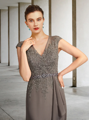 Vintage V-neck Chiffon Applique Mother of Bride Dress Cap Sleeve Evening Gown Floor Length Formal Dress HZ1024