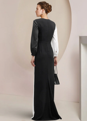 Vintage Sheath V-neck Satin Mother of Bride Dress Long Sleeve Evening Gown Floor Length Formal Dress HZ1024