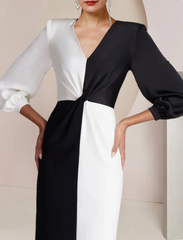 Vintage Sheath V-neck Satin Mother of Bride Dress Long Sleeve Evening Gown Floor Length Formal Dress HZ1024