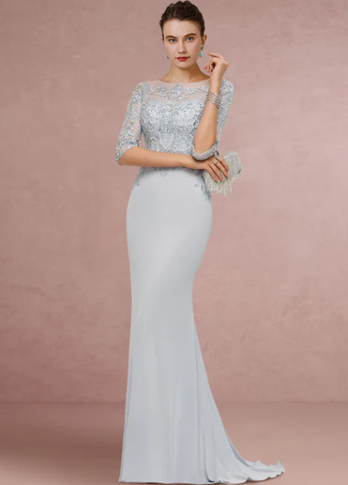 Vintage Sheath Scoop Neck Lace Sequined Mother of Bride Dress Half Sleeve Evening Gown Long Formal Dress HZ1024